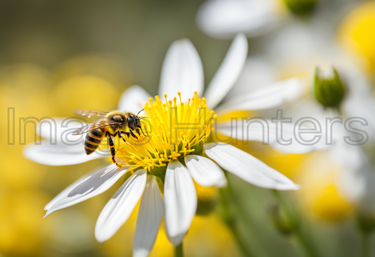 Bee gathering nectar and pollen from a white flower