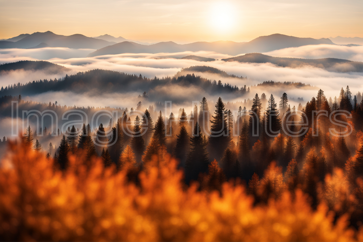 Autumn Mountain Sunrise with Silhouetted Trees and Morning Fog