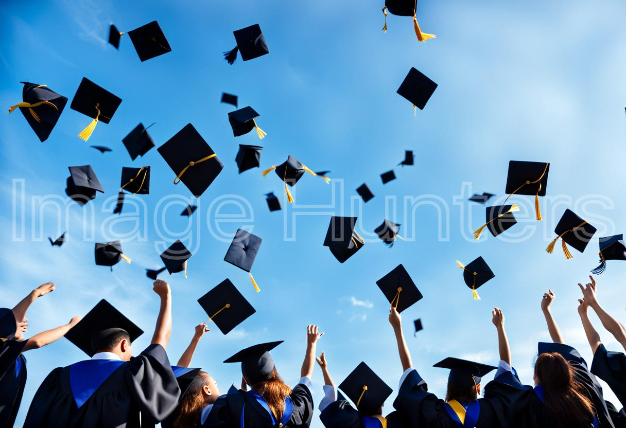 Graduates Tossing Caps Under Clear Blue Sky