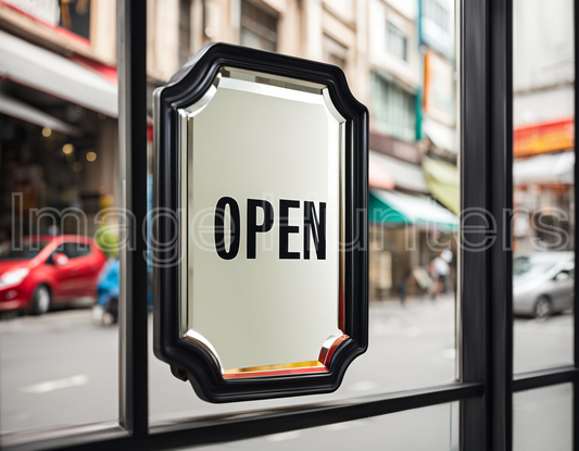 Shop Front Mirror Closeup with 'Open' Signboard