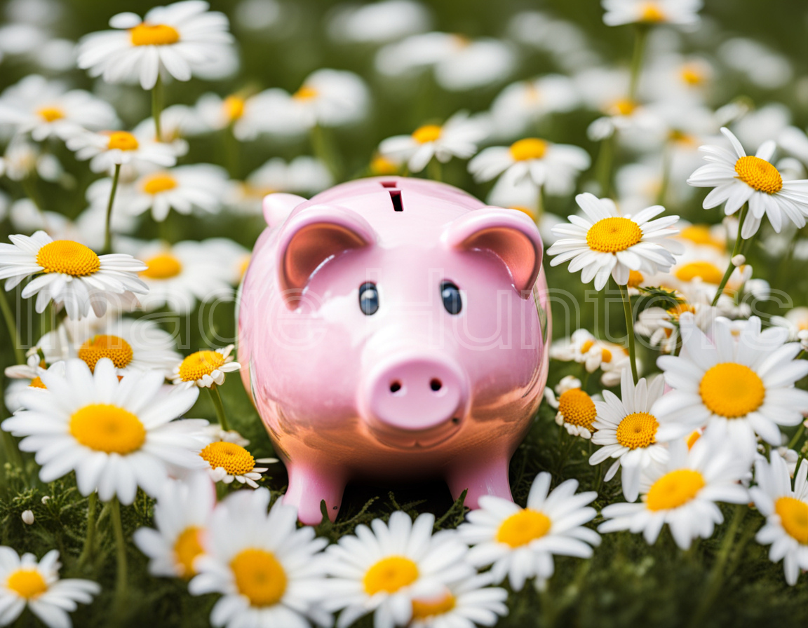 Piggy bank nestled among vibrant daisies