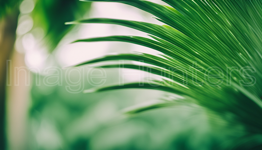 Lush Palm Leaf with Blurred Green Nature Background