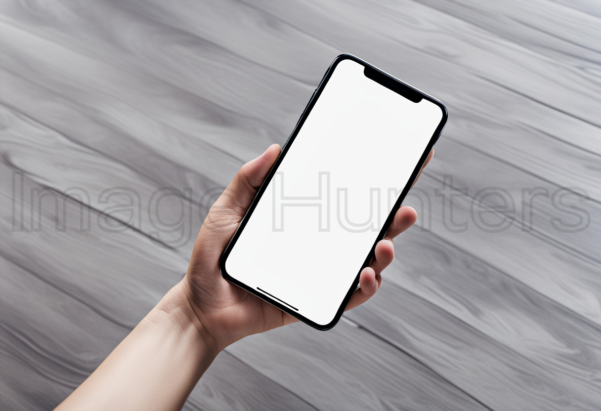 White blank screen smartphone held in hand against wooden backdrop