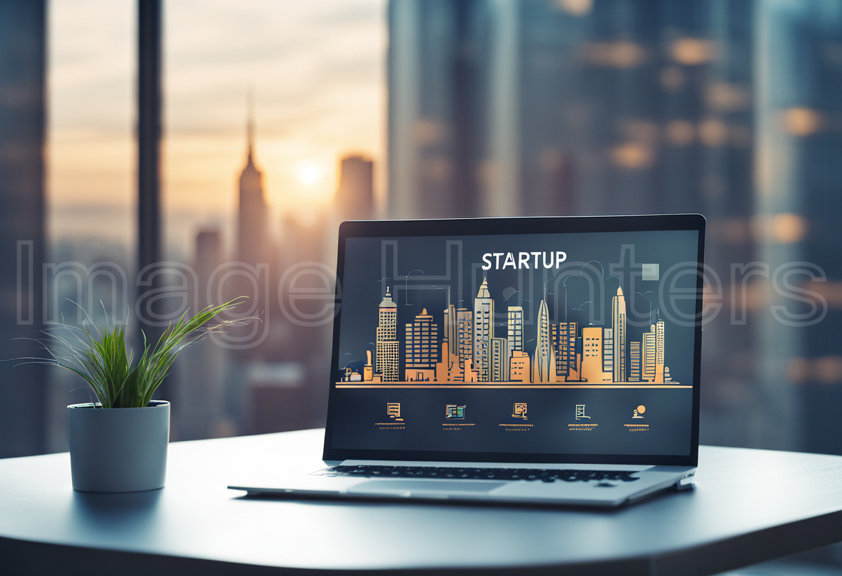 Laptop Screen Startup Concept Against Blurry Cityscape Backdrop