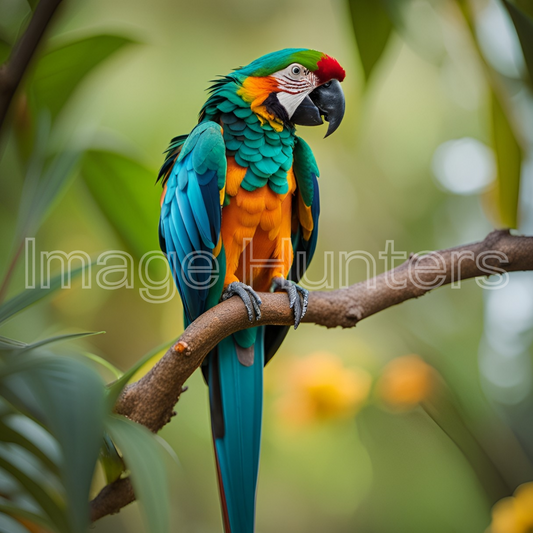 A parrot rests on a tree branch