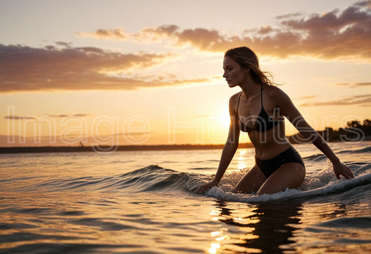 Woman Surfing Against Stunning Sunset Sky