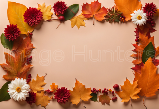 Fall Foliage and Floral Frame on Solid Background