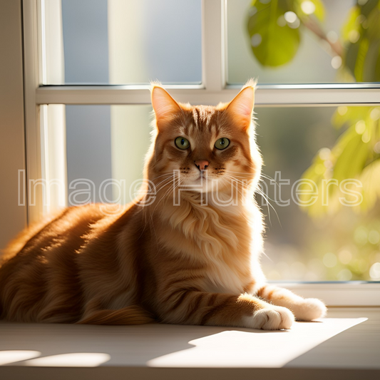 Curious Cat in Window Gazes at Camera on Sunny Day