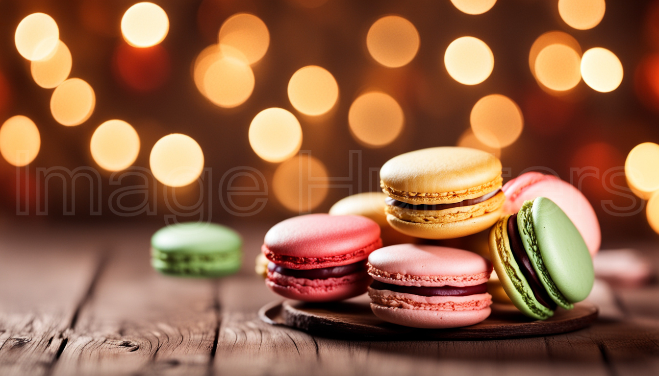 Colorful macarons displayed on rustic wooden surface with bokeh lights