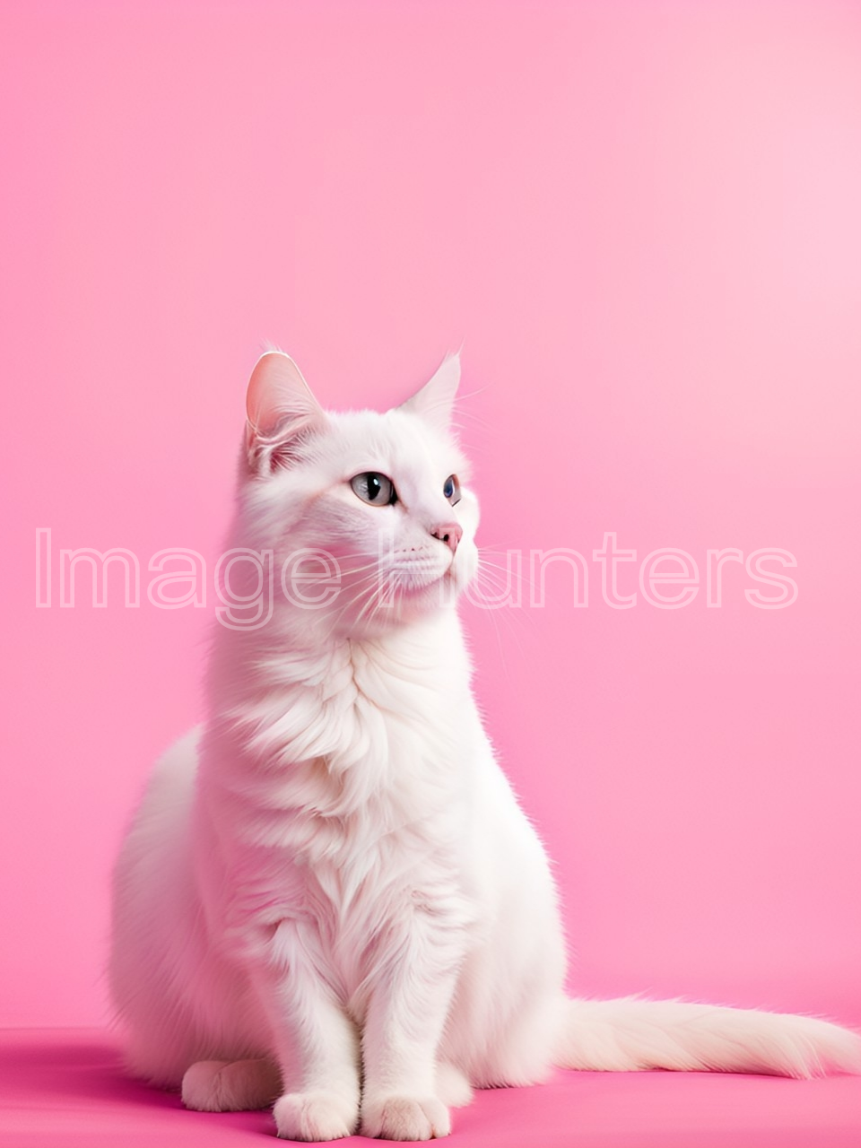 White cat in peaceful pose against pink background