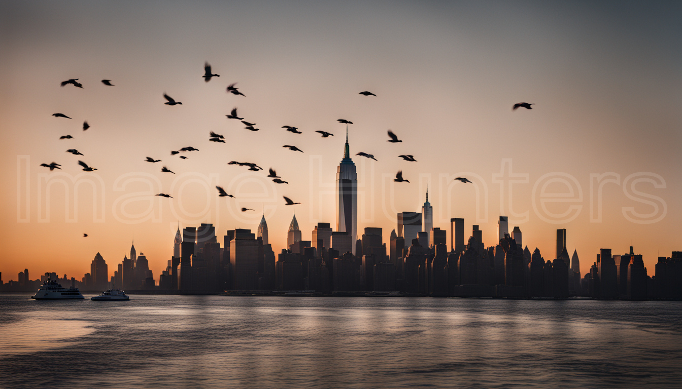 Birds glide over NYC skyline reflected in water at dusk