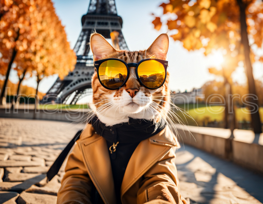 A stylish cat in sunglasses poses with Eiffel Tower backdrop