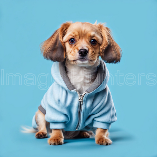 Puppy Poses in Cute Clothes against Solid Backdrop