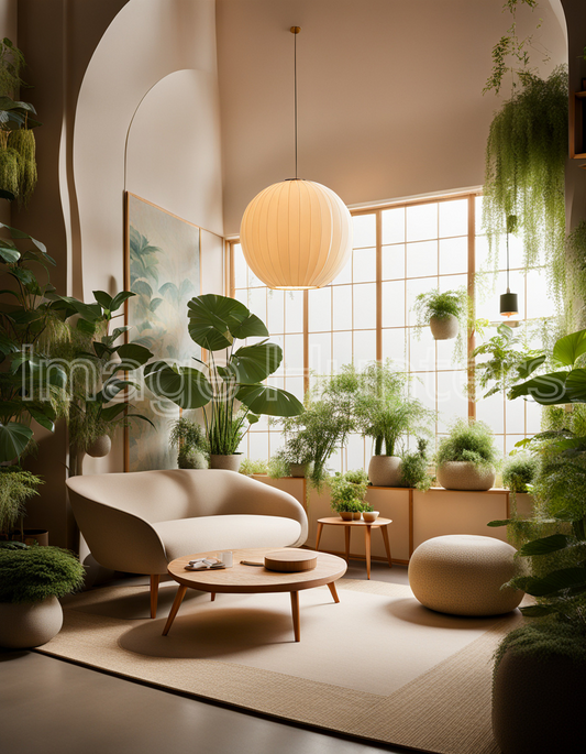 Japanese-Inspired Living Room with Plants and Soft Lamp Light