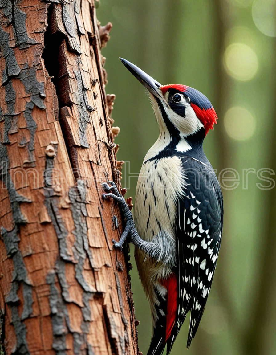 Colorful woodpecker explores tree in lush natural habitat