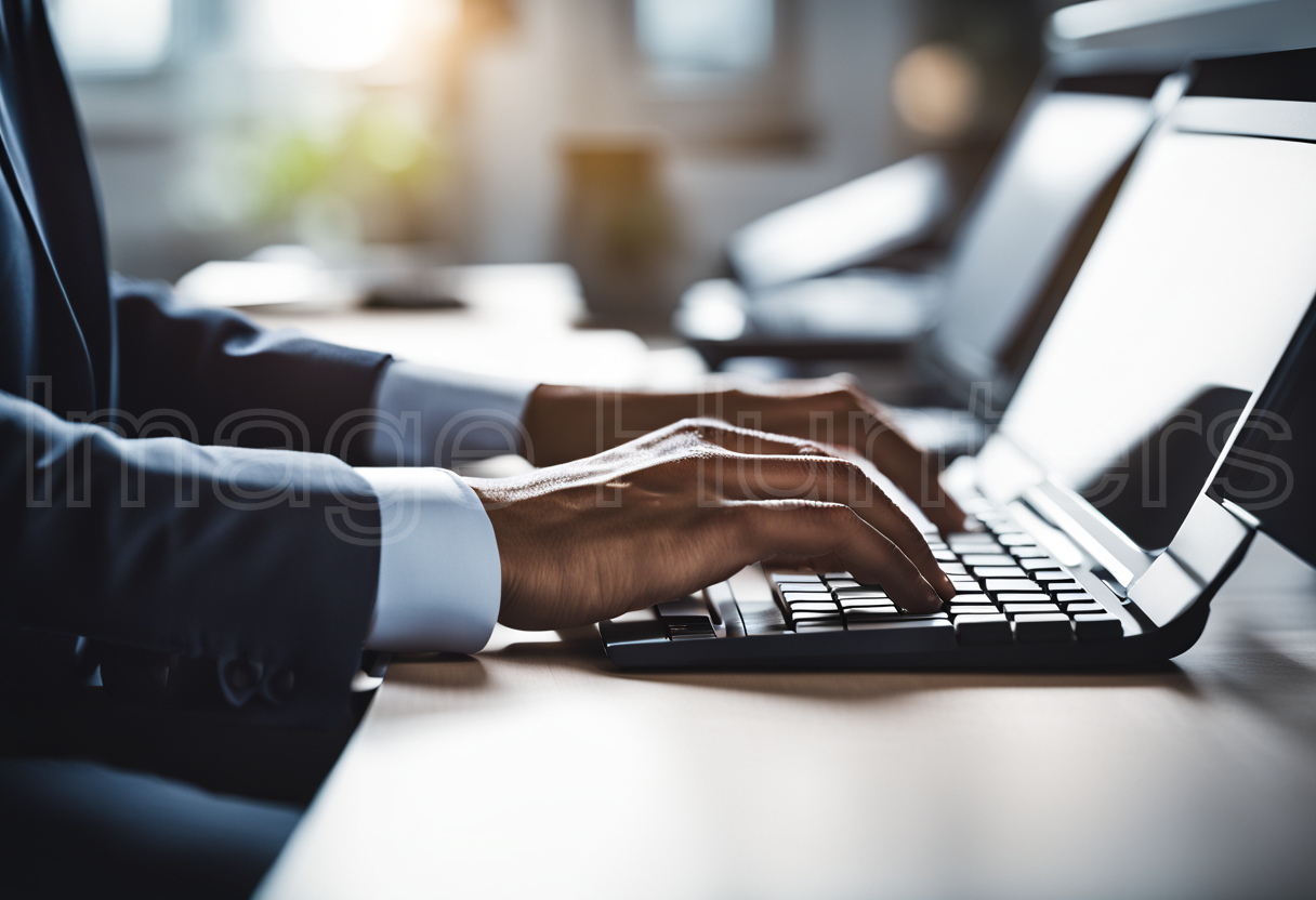 A close-up view of a man's hands typing on a computer keyboard.