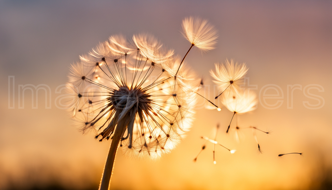 Dandelion seeds drifting in sunlight