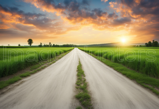 Summer Fields and Road under Sunset Sky