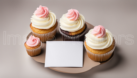 Cupcakes arranged around a blank note mockup