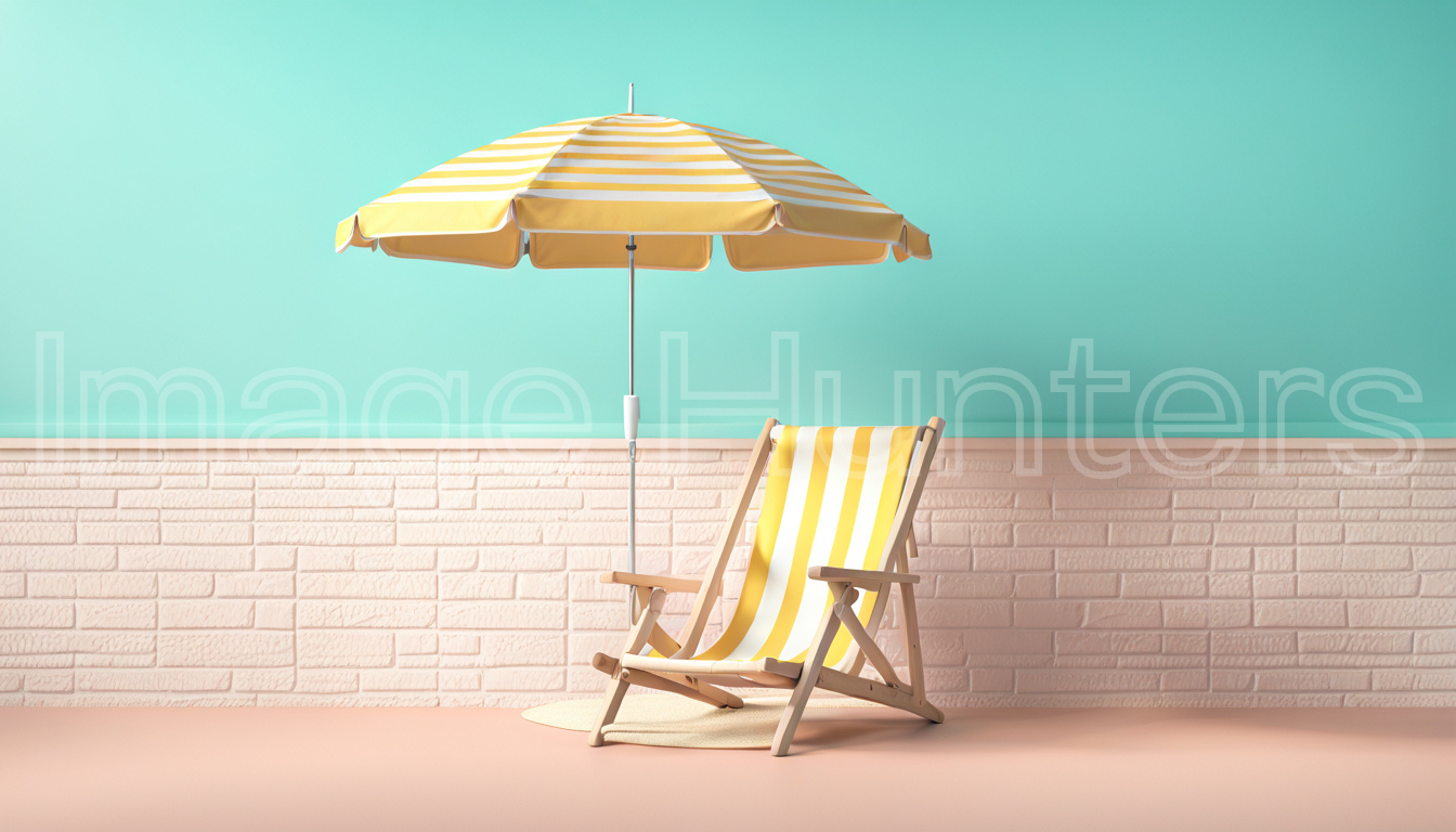 Cheerful beach chair and umbrella against a serene pastel wall 