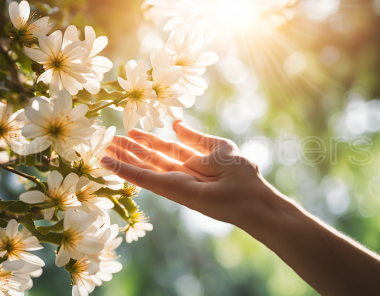 Hand gently touches flower on tree branch in sunlight