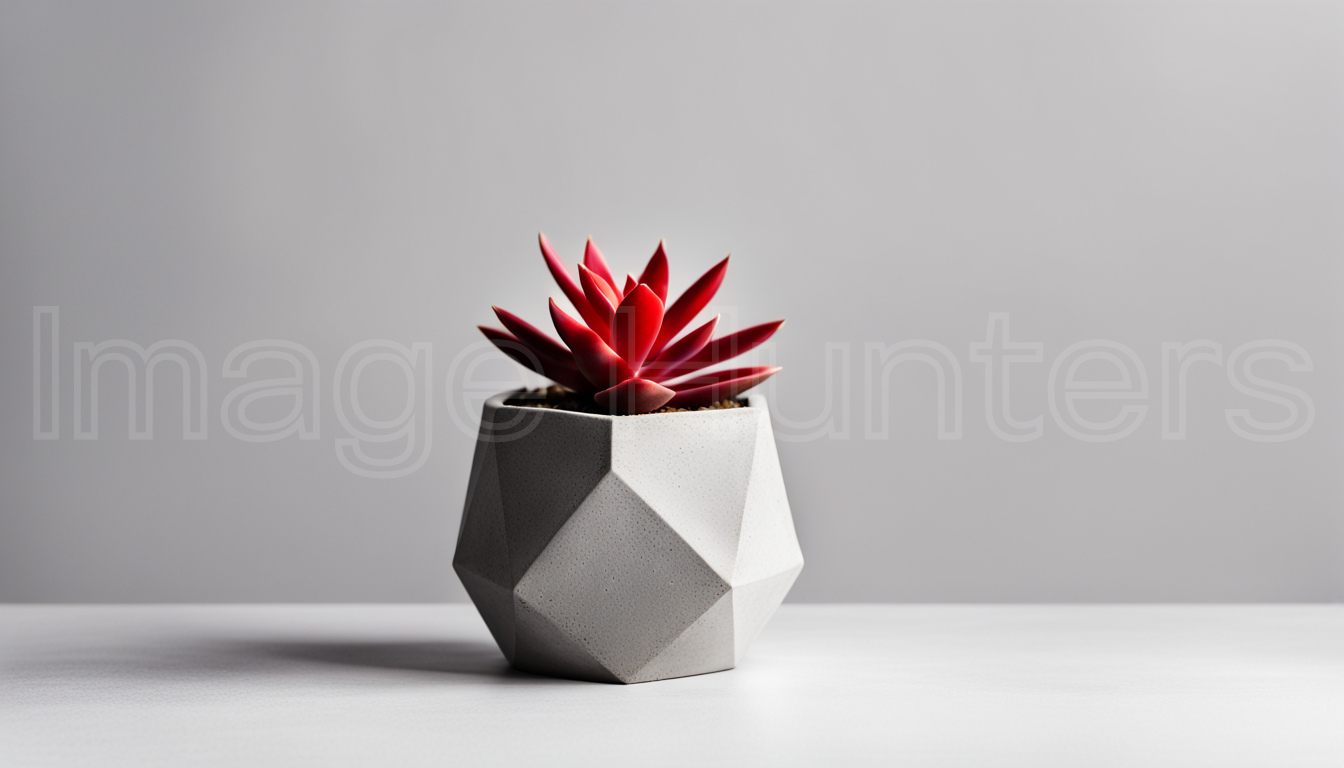 Red Succulent in geometric Concrete Pot on White Surface