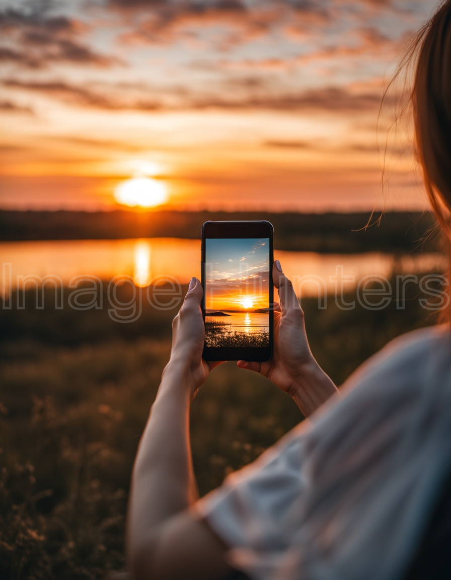 Back view of a woman capturing a stunning sunset with a mobile phone