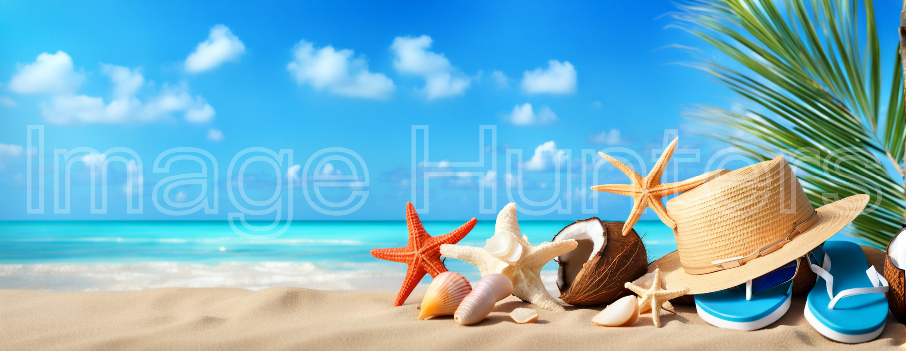 Summer Essentials - Straw Hat, Flip Flops, Coconut, Starfish, Seashells