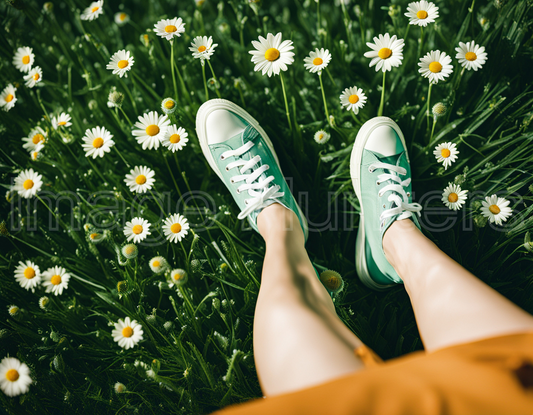 A girl's legs in green grass, adorned by delicate daisies