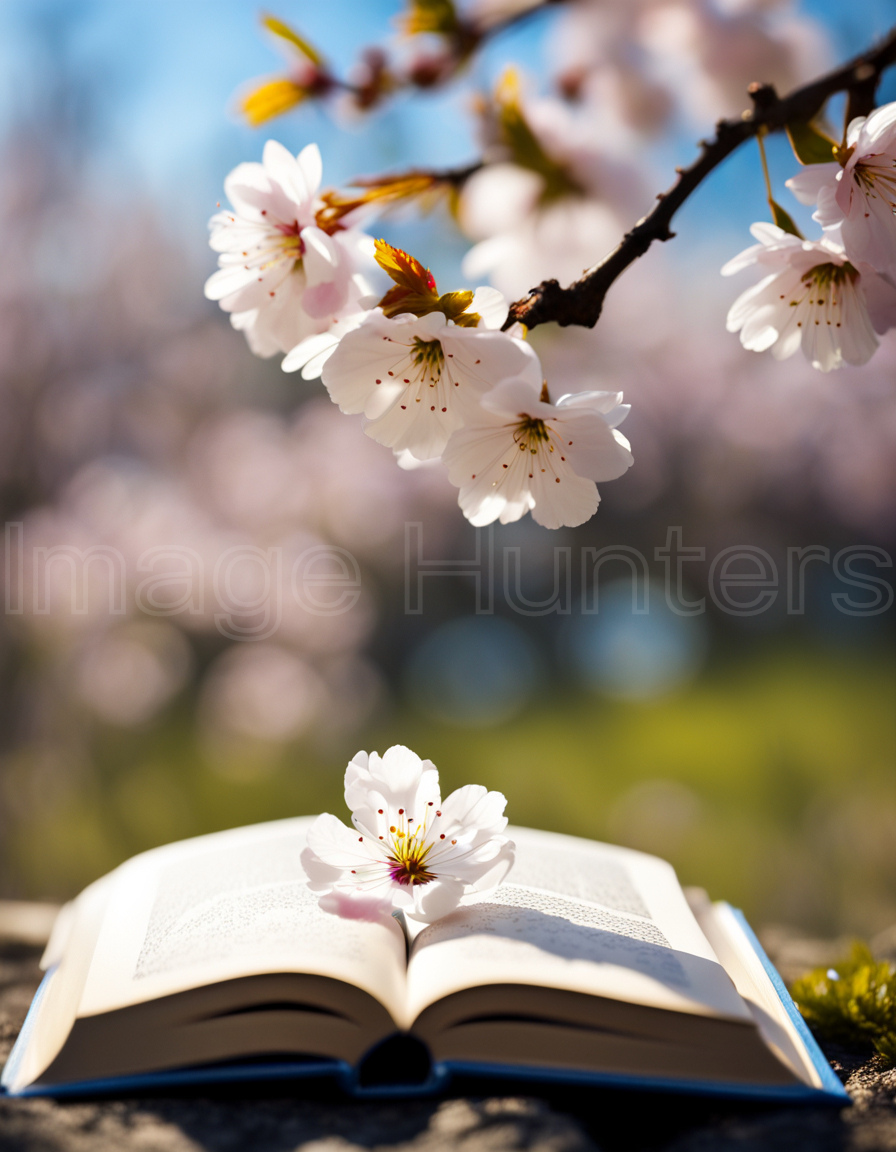 cherry blossom rests gracefully on open book pages, basking in warm sunlight