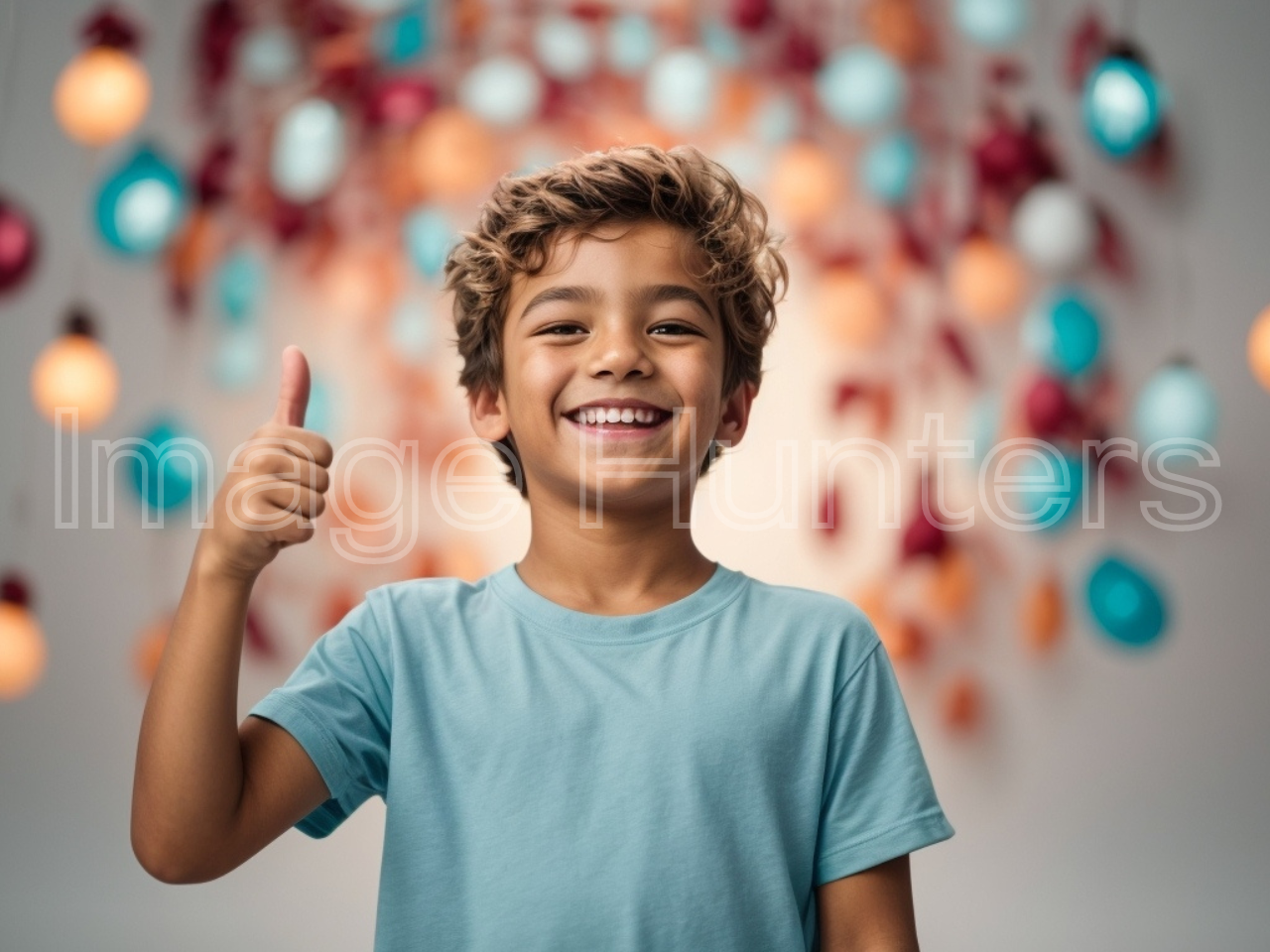 Smiling boy in t-shirt gives thumb up