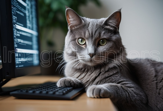 Grey Cat with Paw on Keyboard Gazing at Camera