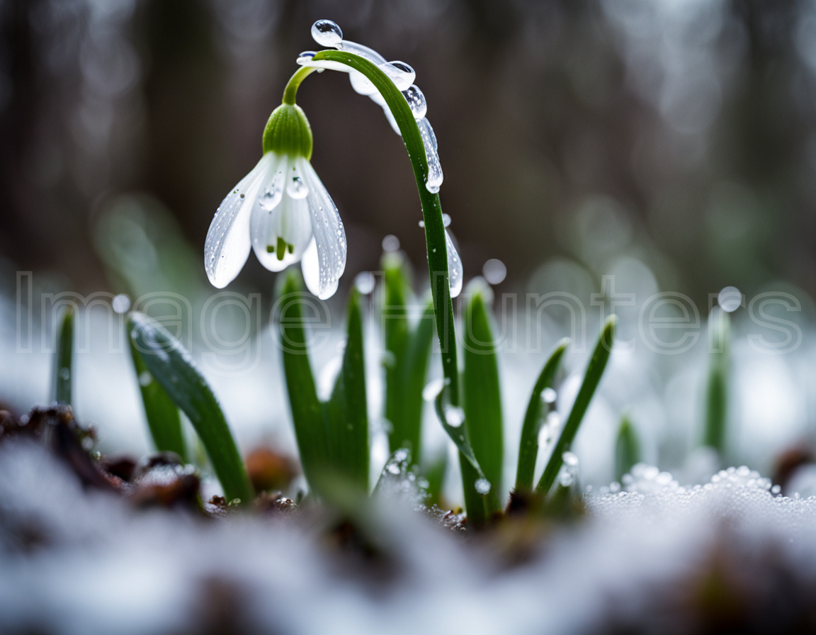 Snowdrop Blossom Glistens in Forest Rain