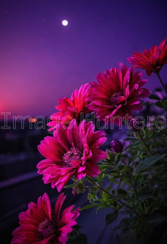 Vibrant pink-red flowers set against a stunning purple night sky