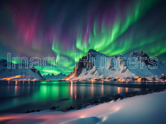 Northern Lights over Lofoten's sea, mountains, and starry night sky in Norway