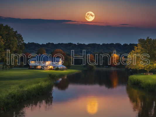 Michigan Harvest Moon Over Lake