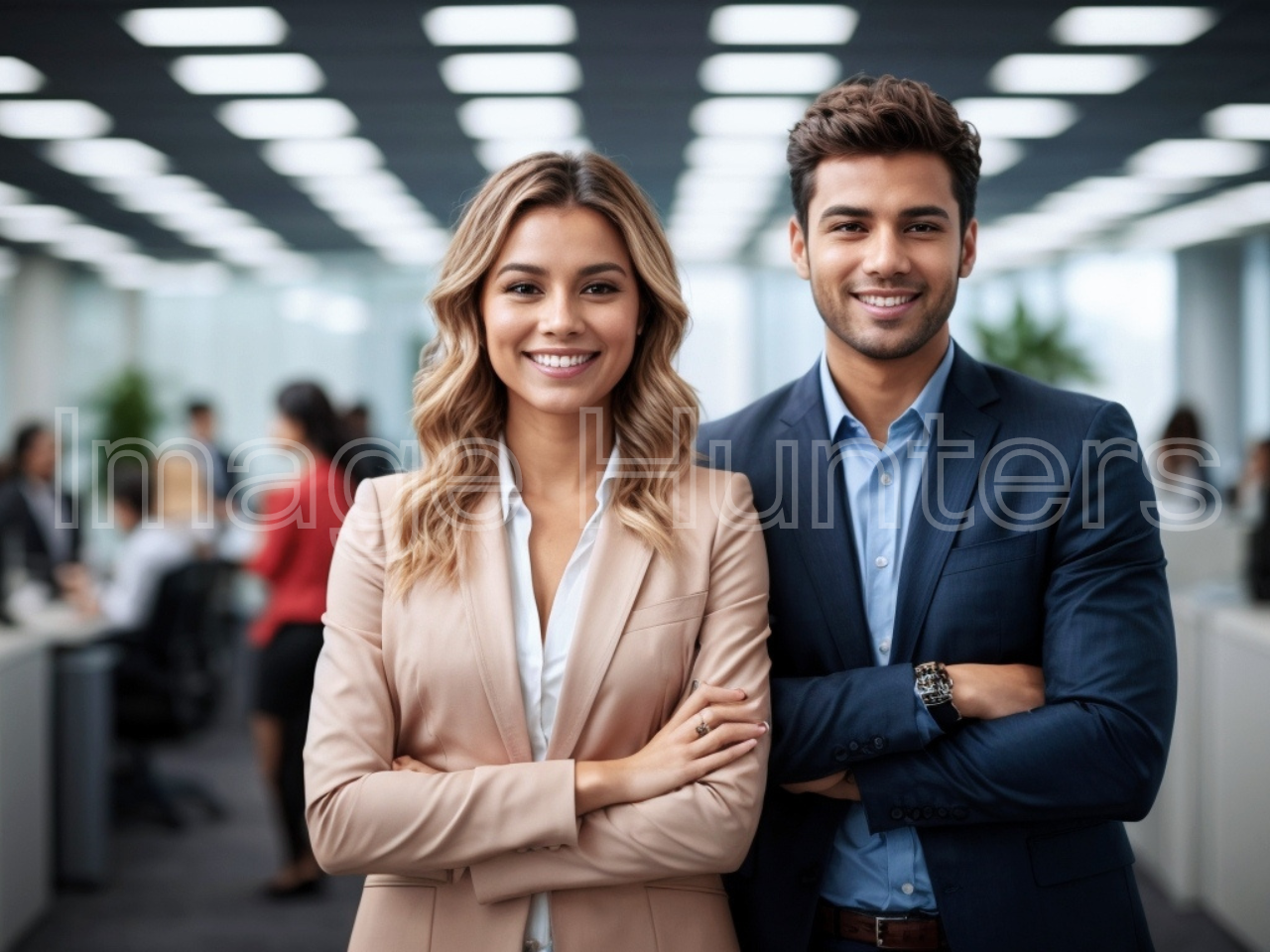 Two young business people in office, arms crossed and smiles for camera