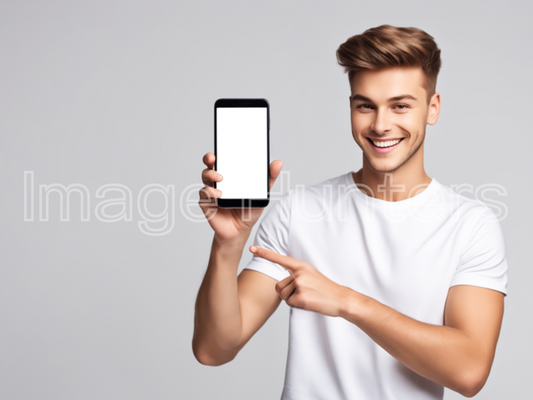 Man Pointing Smartphone with Blank Screen for Mockup