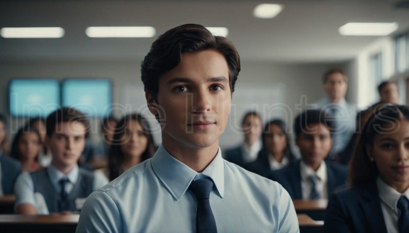 A student sits focused in the classroom with other students blurred in the background