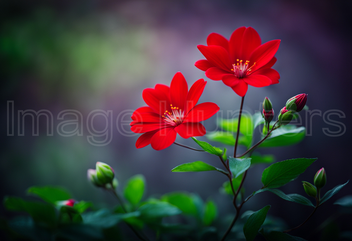 red flowers blossom against a dark spring background