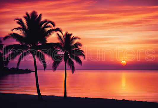 Palm Trees at Sunset on Beach Horizon