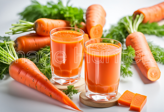 carrot juice and fresh carrots on a white background