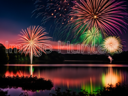 Colorful Evening Sky Fireworks Exploding Over the Lake