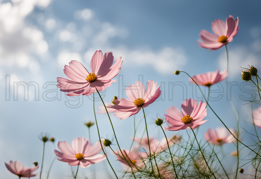 Cosmos Flowers Adorn Celestial Sky Background