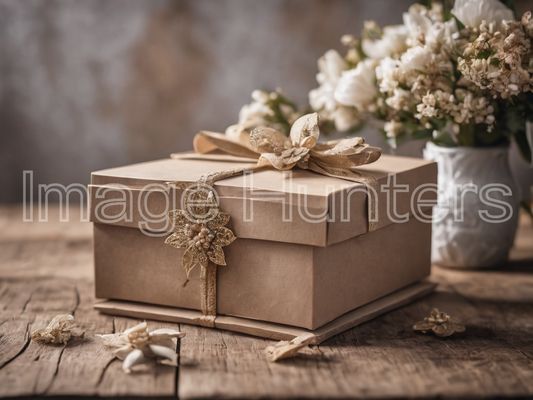 Vintage Wooden Table with Floral Decor and Gift Box