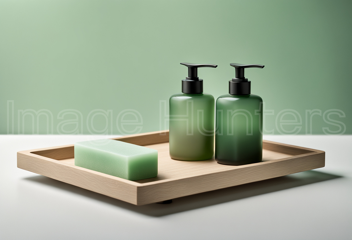 Stylish bathroom display featuring mockups of essentials like two bottles and soap on a chic wooden tray.