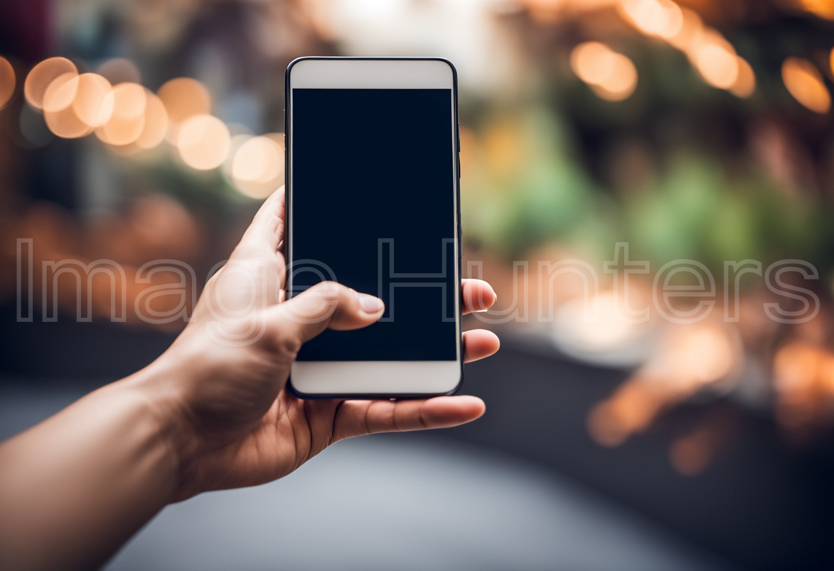 Hand Holding Smartphone with Blank Screen in Blurry Background