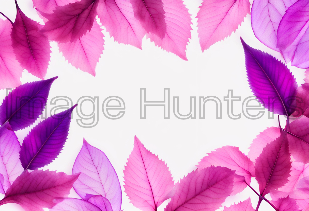 Pink and purple leaves border on white background