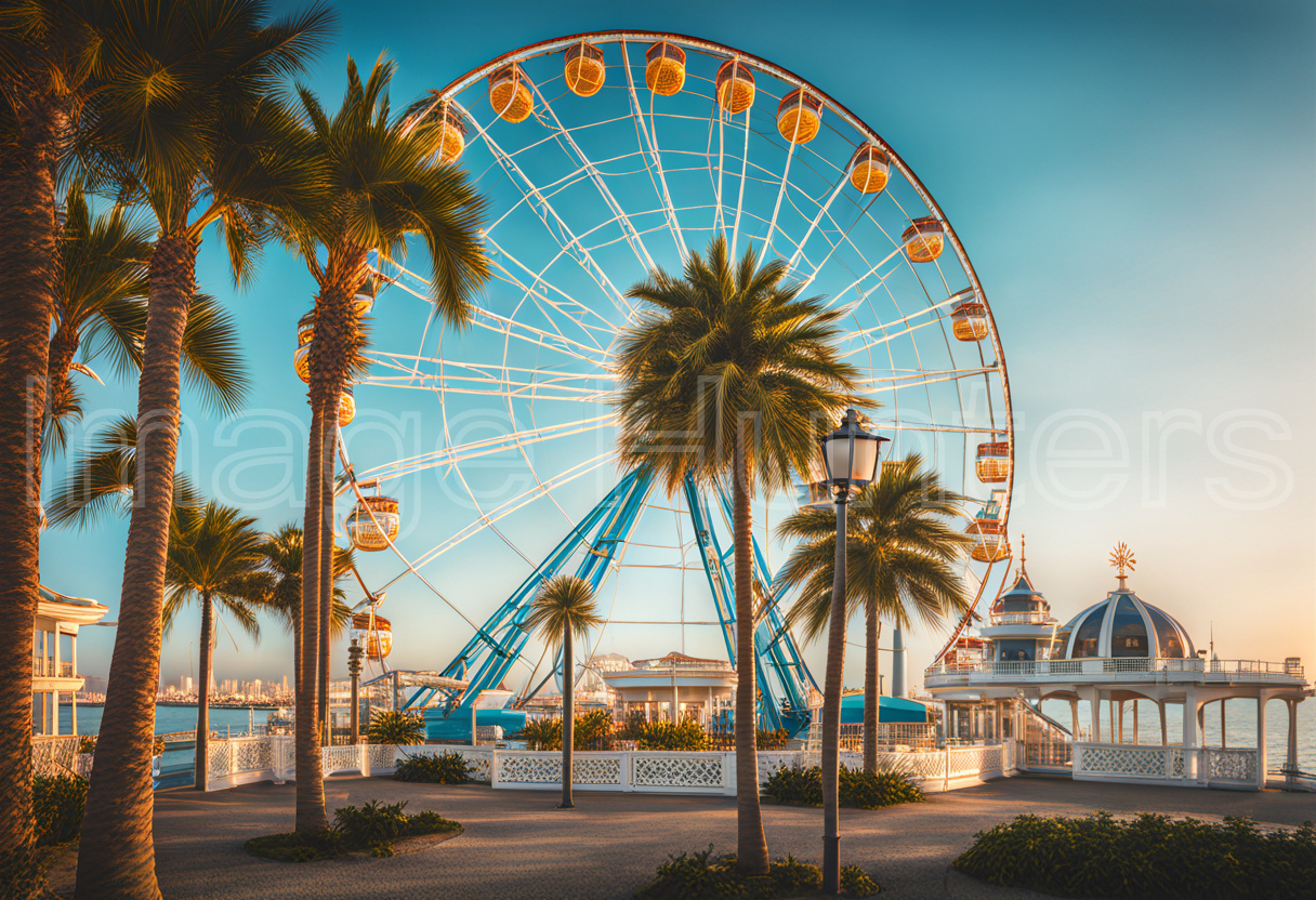 Ferris wheel by palm trees with stunning seaside views under a clear sky