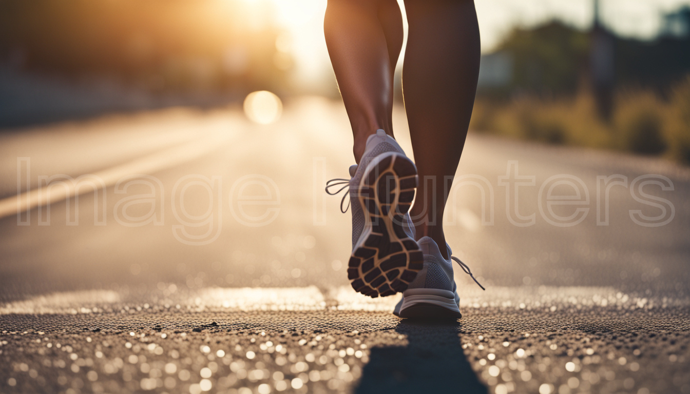 Woman's legs run on sunlit road with bokeh background